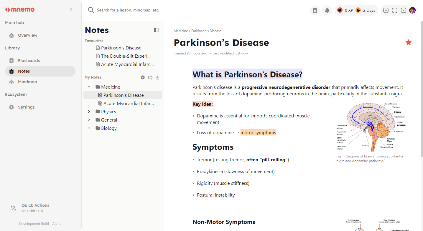 Mnemo notes editor showing a medical study note about Parkinson's disease with headings, highlights, lists, and an anatomical diagram